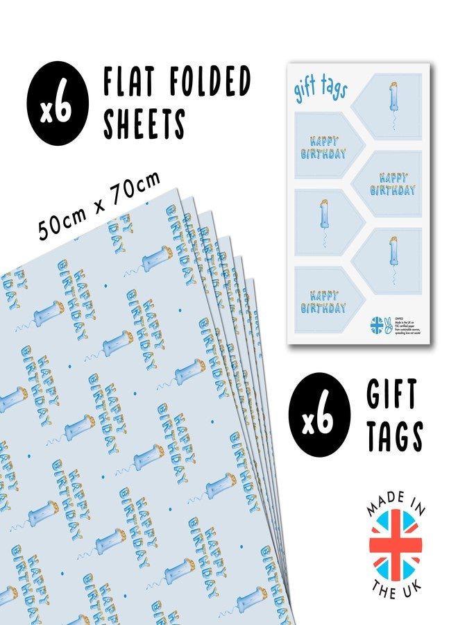 CENTRAL 23 1st Birthday Wrapping Paper - Boy Theme - Blue - 6 Sheets - Comes With Stickers - Recyclable - Image 2